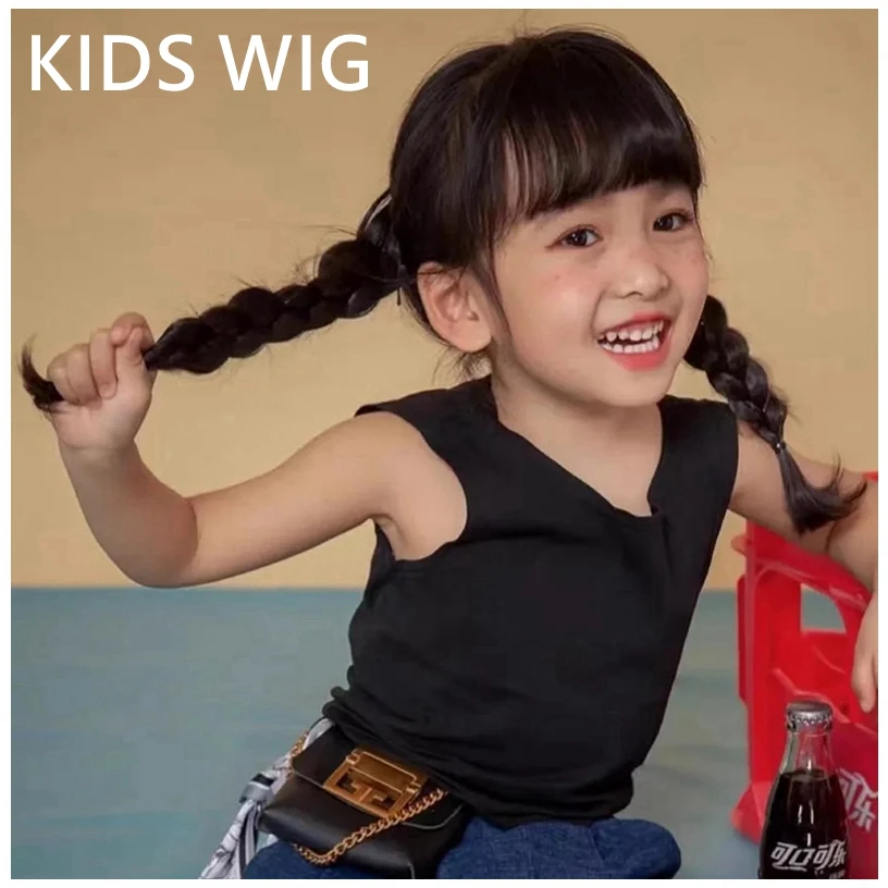 Children\'s Wigs Girl Hair Accessories Toddler Hoods Junior Black Long Braids Headwear for Kids Girly Headdress Baby Tiara 45cm