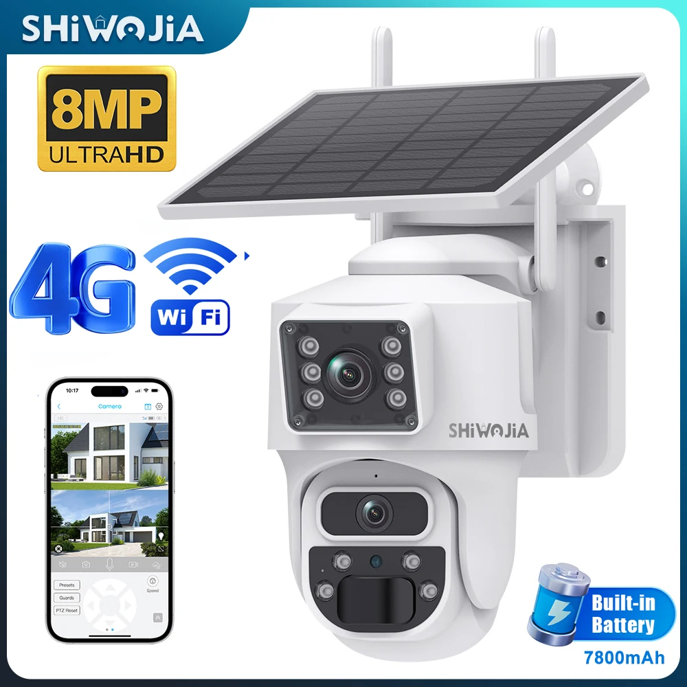 SHIWOJIA 4K 8MP Solar Camera 4G Sim Dual Lens Security Dual Screen Recording Humanoid Tracking Color Night Vision WiFi PTZ Cam