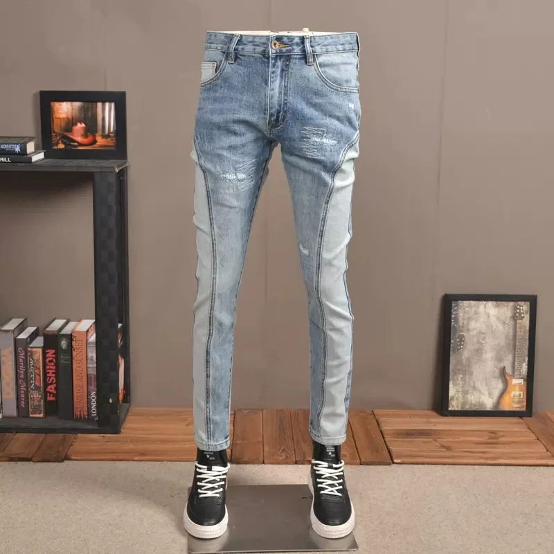 

Fashion Streetwear Men Jeans Retro Light Blue Spliced Designer Slim Fit Ripped Jeans Men Embroidery Stretch Hip Hop Pants Hombre