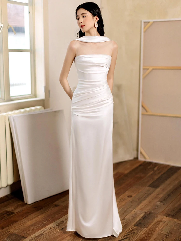 French Light Dress Bridal Advanced Texture Satin Ribbon Banquet Host Evening Dress