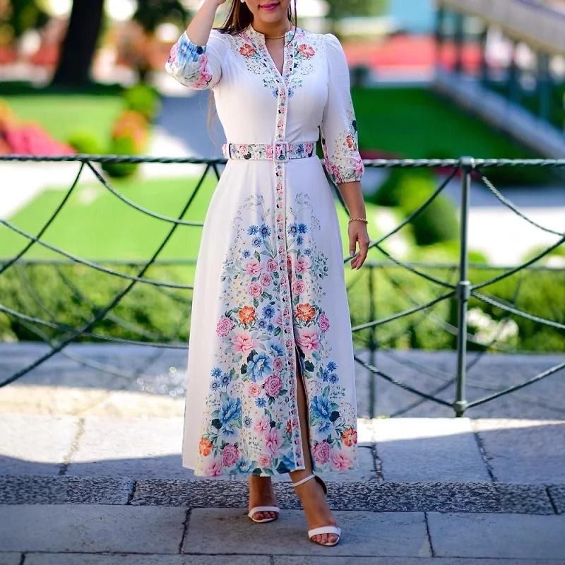 Vrouwen Mode Bloemenprint Knoppen Lange Jurk Casual 3/4 Mouw Slanke Bohe Feestjurk Zomer Elegante V-hals Lace-Up Shirt jurk