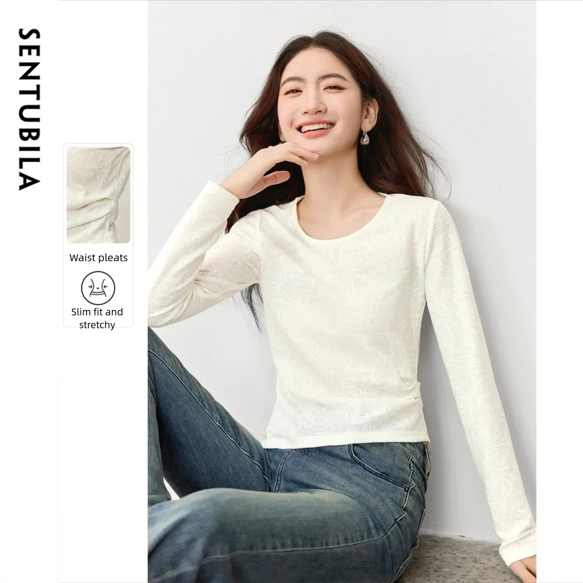 

SENTUBILA Long Sleeve Tees Autumn 2025 Knitted Lace O-neck Slim Tops Romantic Solid Commuter T-Shirt 153TN2718