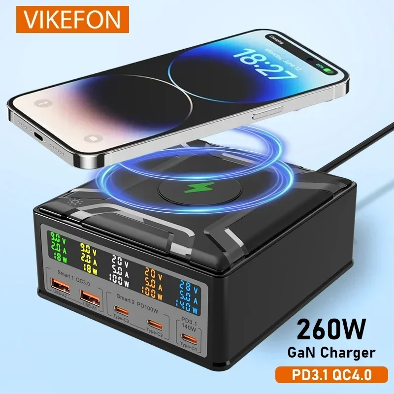 260W GaN Charger PD3.1 QC3.0 USB Type C 140W PPS Fast Charging for MacBook Pro IPhone 14 Samsung Xiaomi Laptop Wireless Charger