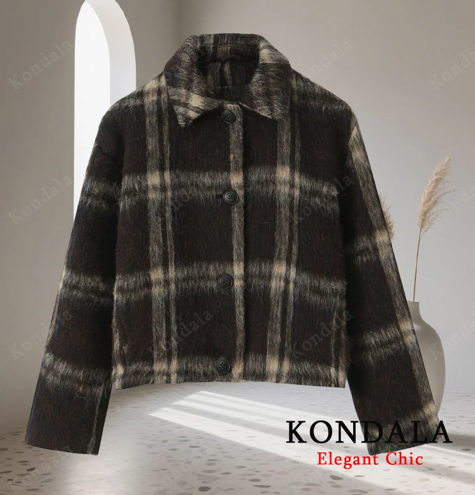 

KONDALA Fall Women Vintage Classic Coat Lapel Button Plaid Jacket Coat 2025 Autumn Winter Fashion Elegant Casual Female Coat