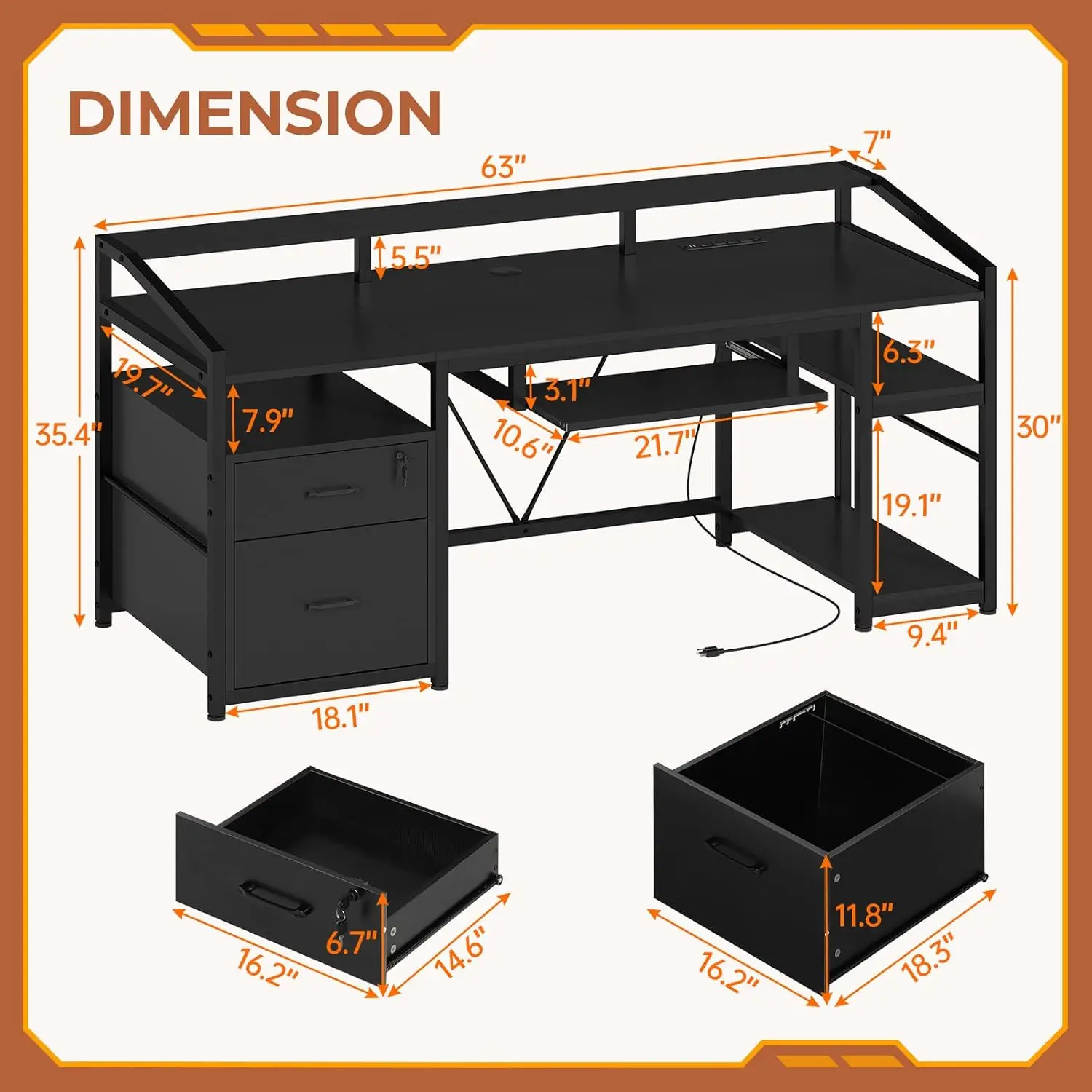 SEDETA Escritorio de oficina para computadora de 63 pulgadas con cajones con cerradura Escritorio para juegos de archivos de cartas legales con luces LED Almacenamiento de toma de corriente Negro