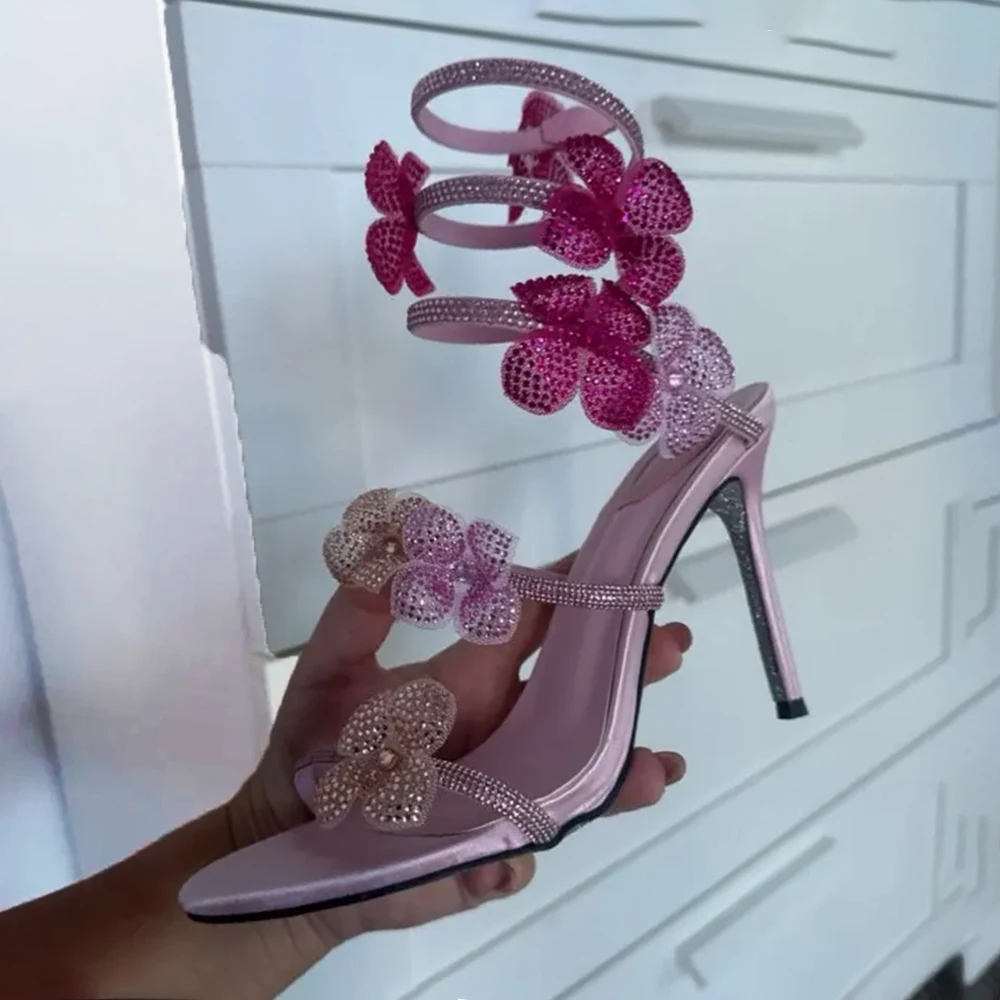 Aneikeh Fashion Pink Flower Rhinestone High Heels Sandals Shoe Sexy Wrap Strap Open Toe Stripper Prom Party Ladies Shoes