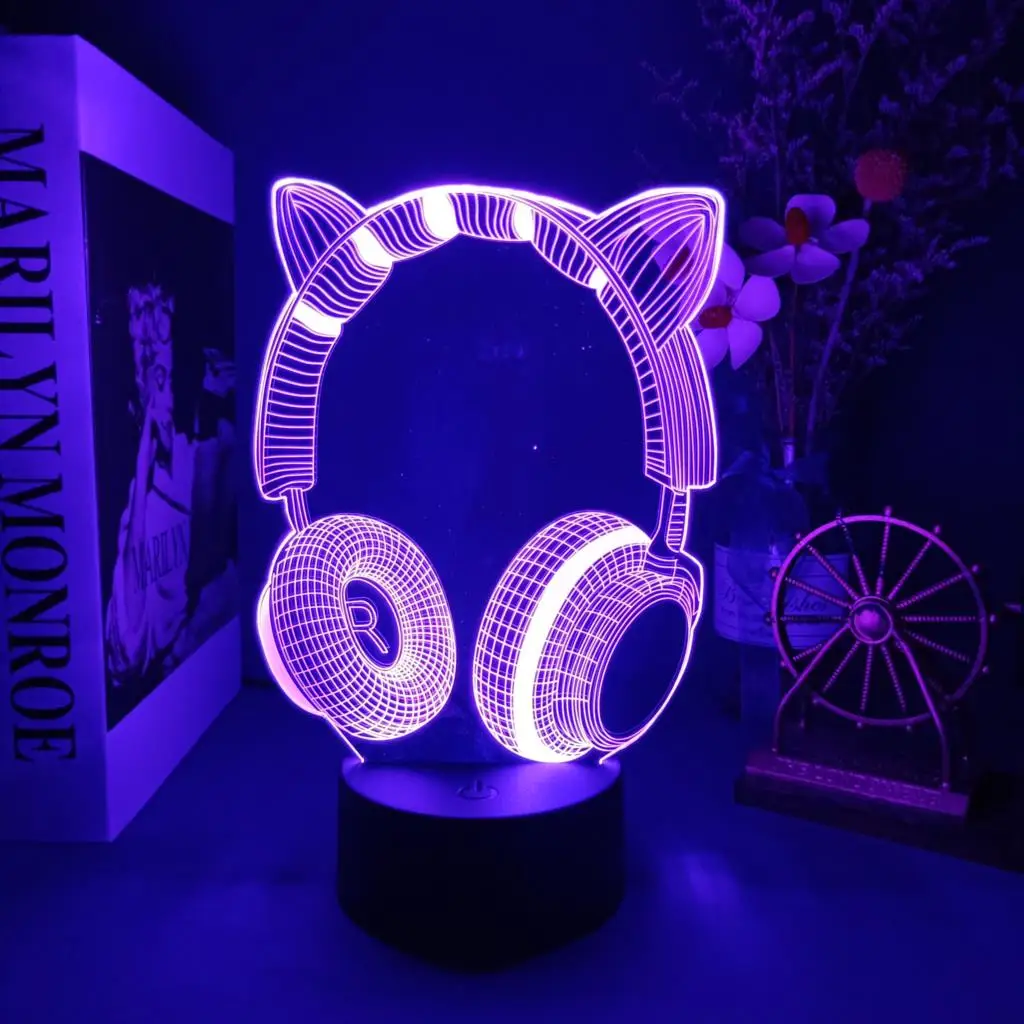 Cute Headphones 3D Illusion Night Lamp 7/16 Color Change Desk Setup Light Cool Game Console Room Decor For Kids Bedside Gift