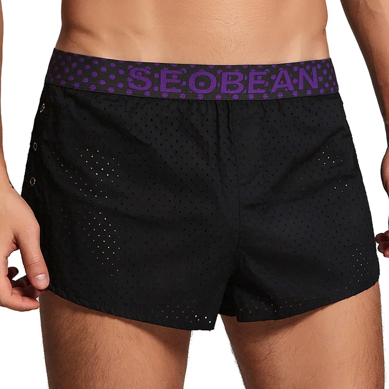 Men Casual Shorts Mesh Breathable Button Side Aro Pants Loose Boxer Shorts Trunks Sleep Bottoms Pajama Seamless Underpants 2XL