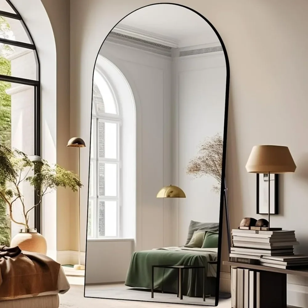 Łukowe lustro o pełnej długości z podstawką ramka ze stopu aluminium wielkie lustro podłogowych do salonu, pochylone na ścianie, czarne