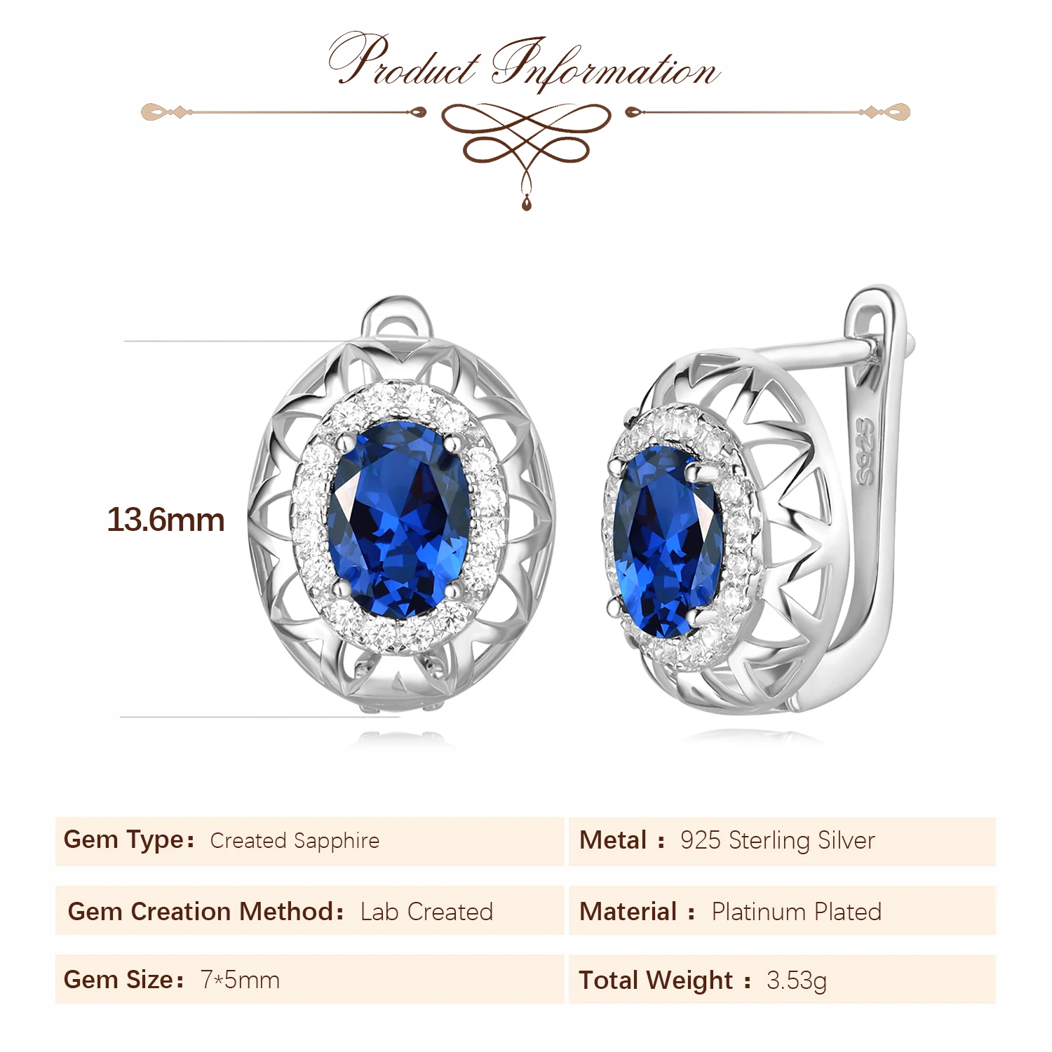 Potiy Oval Shape Total 2.15ct Created Sapphire Hoop Earrings 925 Sterling Silver for Women Daily Wedding Party Jewelry