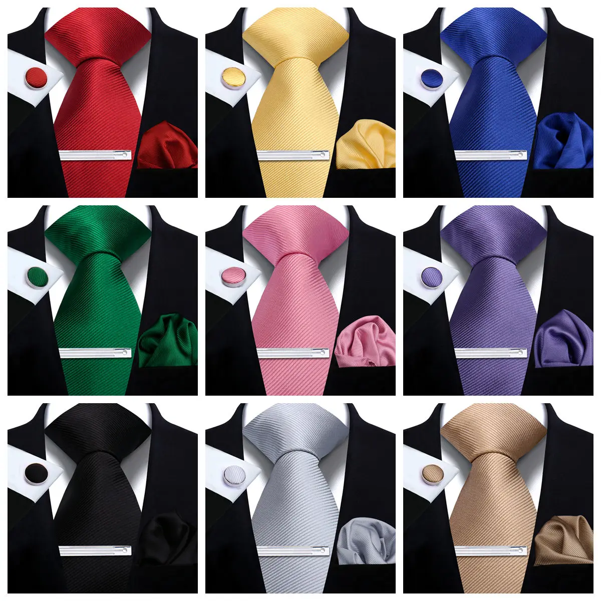 Classic Men Gift Tie Set 4 Pcs Solid Color Tie Pocket Square Cufflinks Tie Clip Business Wedding Party Formal Suit Accessories
