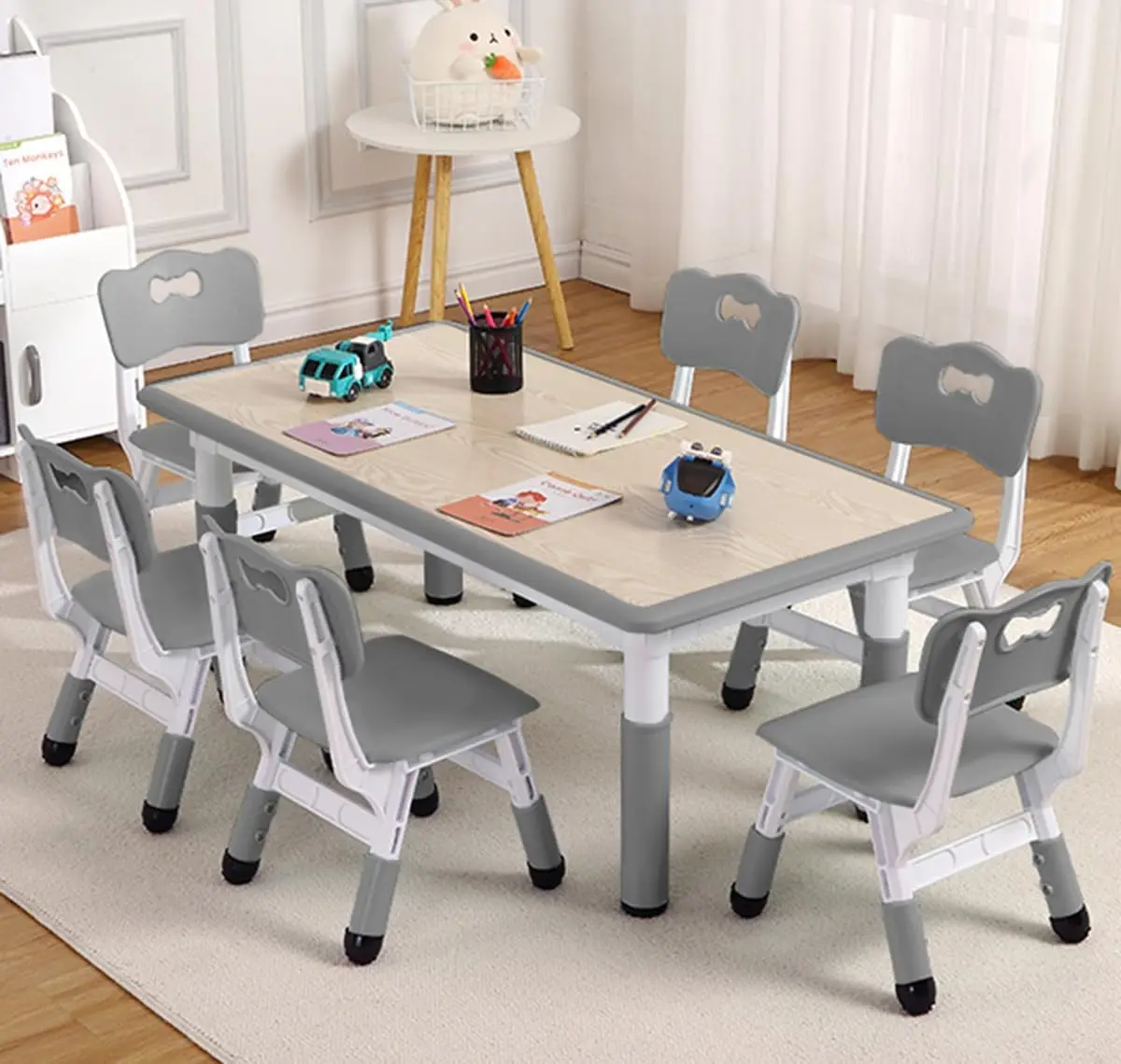 

Adjustable Kids Table & 6 Chairs Set for Ages 2-10, Durable Art Activity Furniture for Home or Classroom