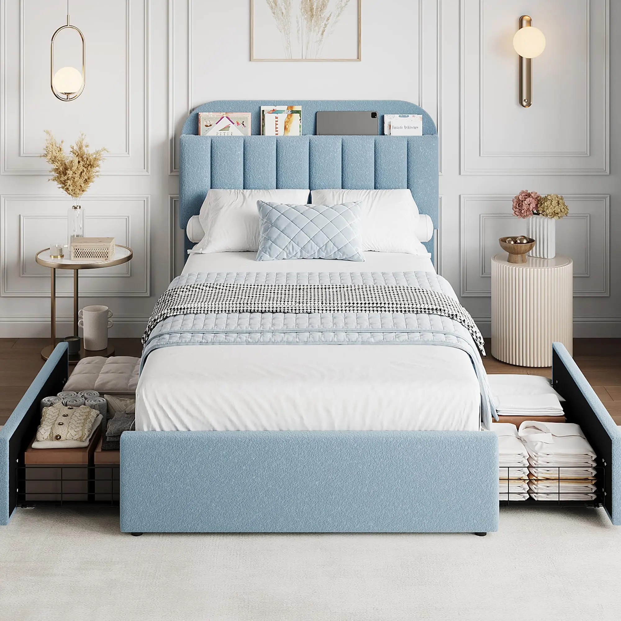 Twin XL Bed Frame with Storage Drawers, Upholstered Headboard, Boucle Platform Bed, No Box Spring Needed, Gray Blue Pink White