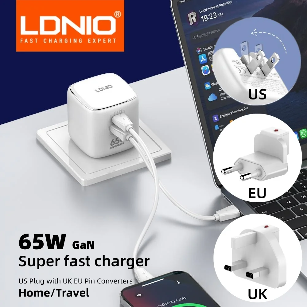 LDNIO Gan 65w Fast Charger Type C Us Uk Eu Plug High Speed Charger For Iphone 16 Xiaomi 14 Oneplus Portable Charge fast Charging