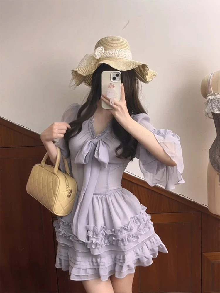 

Purple Bowknot Print Halter Neck Top And High Waist A-Line Skirt Set for plus Size Women Summer Commute Style