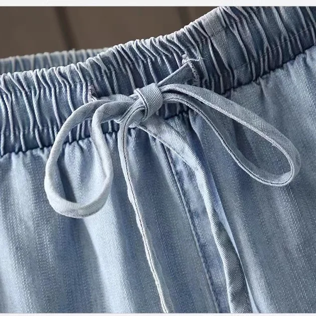 Blue Denim Shorts Women's Summer Elastic High Waist Drawstring Lace-up Fashion Plus Size Casual Jean Pleated Short Pants Fashion