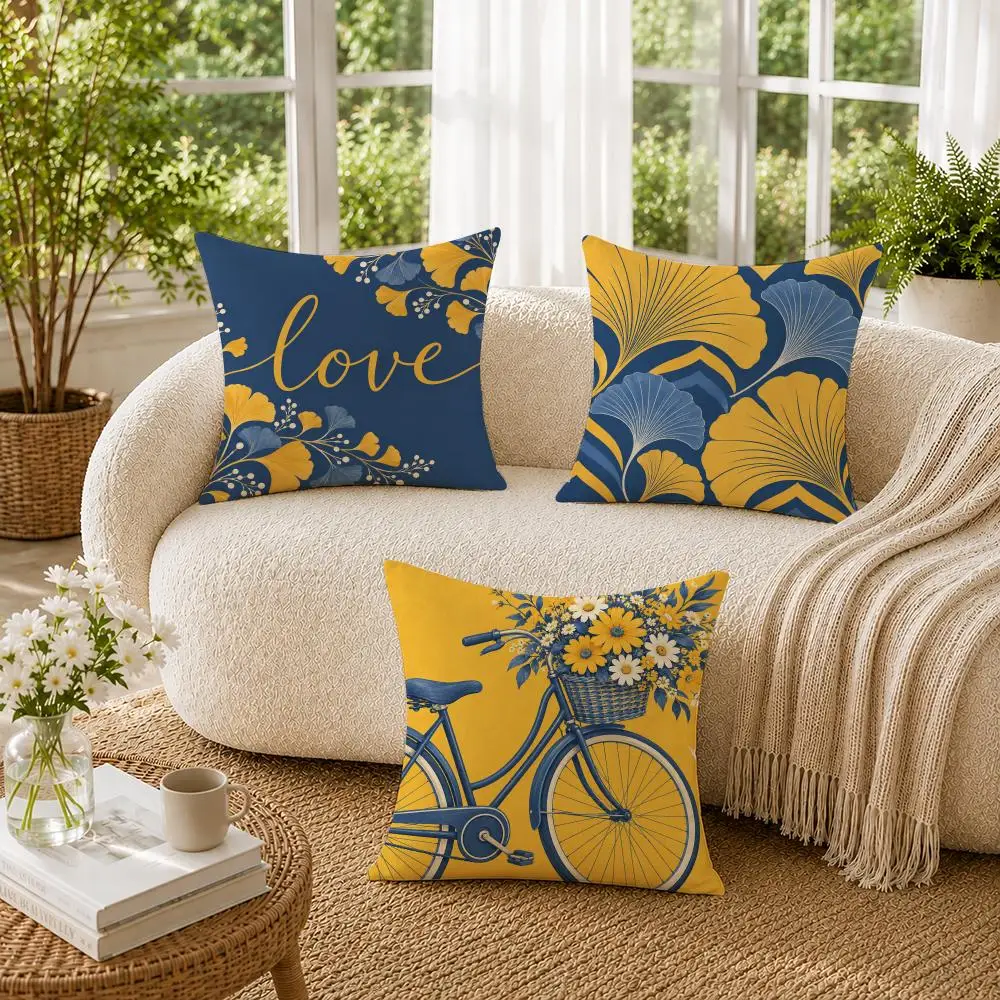 Yellow Blue Geometric Patterns Cushion Cover Double-Sided Plush Sofa Pillow Cases Organic Breathable Invisible Zipper