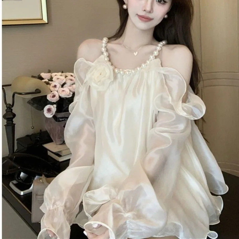 

Атласная рубашка Super Fairy с рюшами, женская осенняя французская потрясающая шифоновая рубашка с лямкой на бретельках в придворном стиле