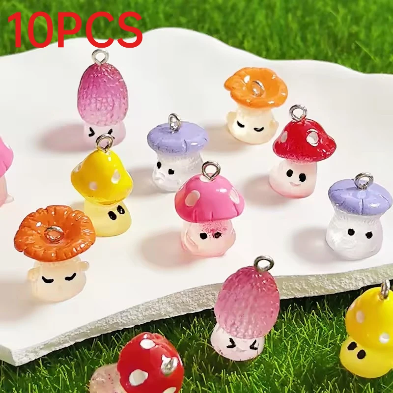 10Pcs Glow Dark Colorful Resin Mushroom Charms Cute DIY Pendant For Earring Necklace Keychain