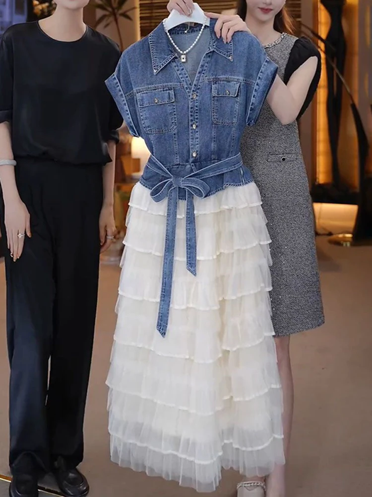 Temperament Denim Top With Belt Lace Mesh Skirt Two Piece Set Korean Commuter Style Fashion Short Sleeve Dress Sets For Women