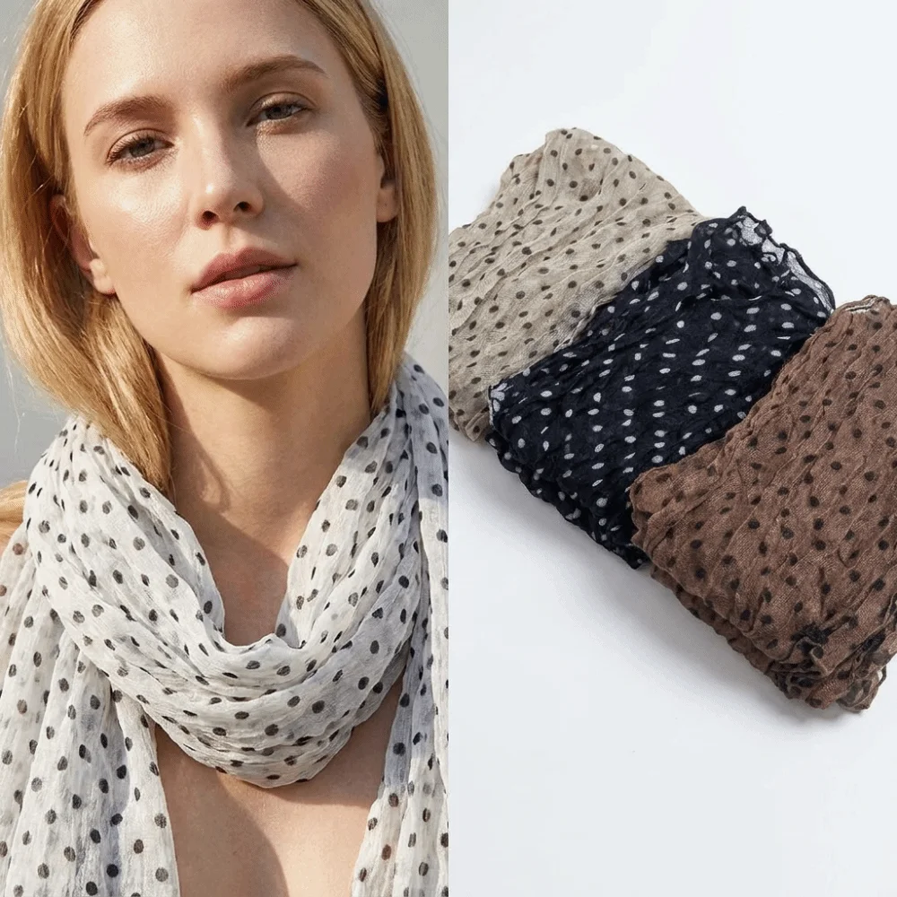Cotton Linen Polka Dot Scarf Sunscreen Shawls Wrinkle Twisted Chiffon Scarf Lightweight Long Summer Scarves for Women