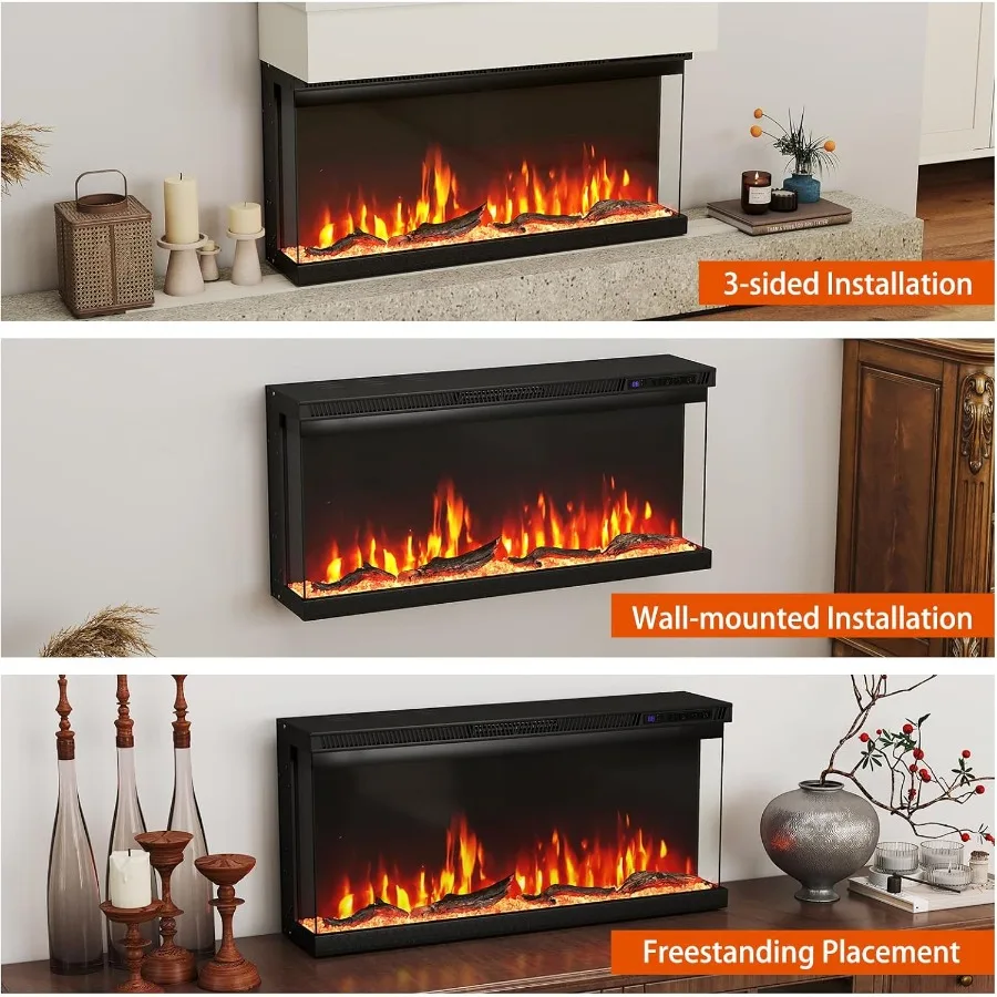 Inserto per caminetto elettrico a 3 lati da 36 pollici con potenza di riscaldamento da 750 W 1200 W Design da incasso per soggiorno o camera da letto 12 Fiamme Co