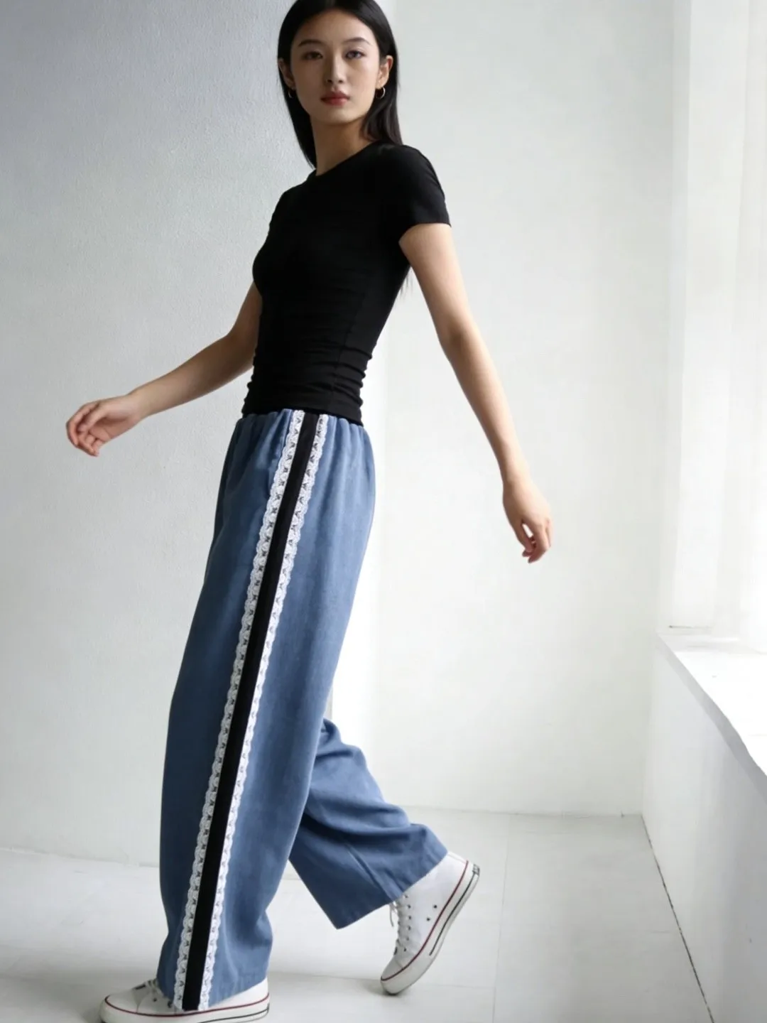 

Casual Lace Trim Wide Leg Jeans Women's Elastic Waist Straight Color Blo Anti-Aging Versatile Casual Pants Faionable Pers...