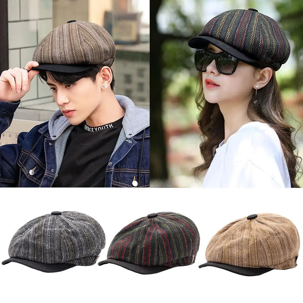 

Flat Cap Outdoor Warm Newsboy Hat Men Short Brim Beret Cap Unisex Casual Octagonal Hat Striped Spliced Artist Retro Painter Hat
