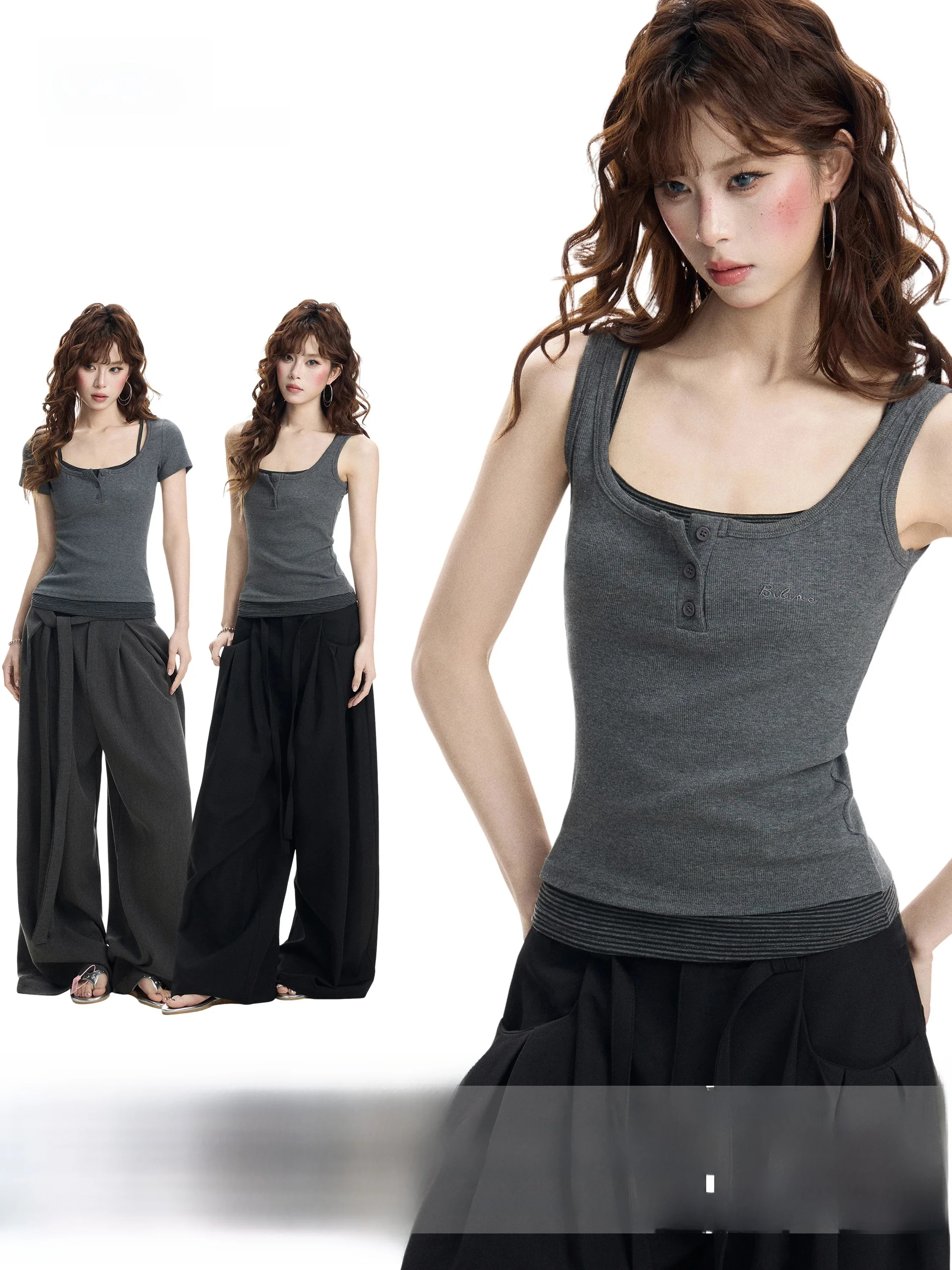 Gray Striped Two-Piece Effect Workwear Tank Top Women Summer Slim Fit Short Sleeveless Shirt Design Sensation Underarm Conceal