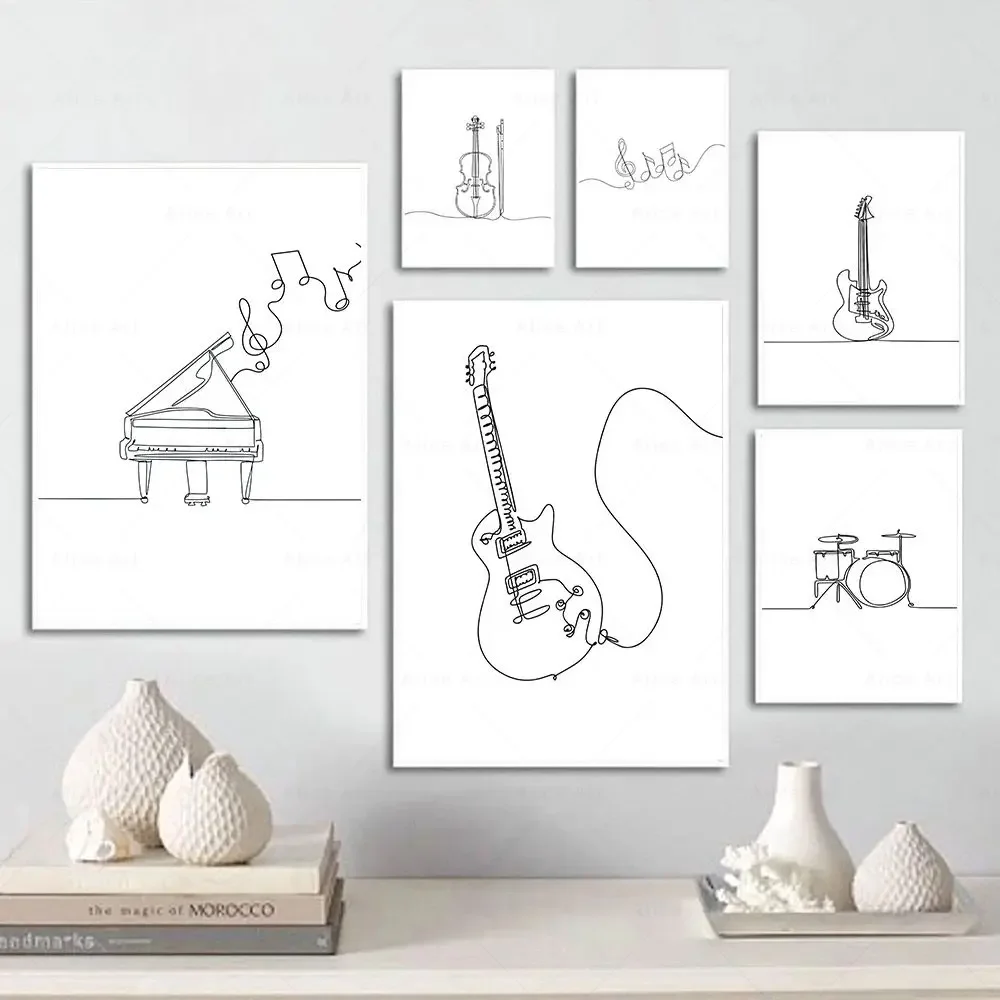 Nordic Piano Guitar Saxophone Line Draw Wall Art Canvas Poster Music Print Abstract Minimalist Painting Picture Living Room Deco