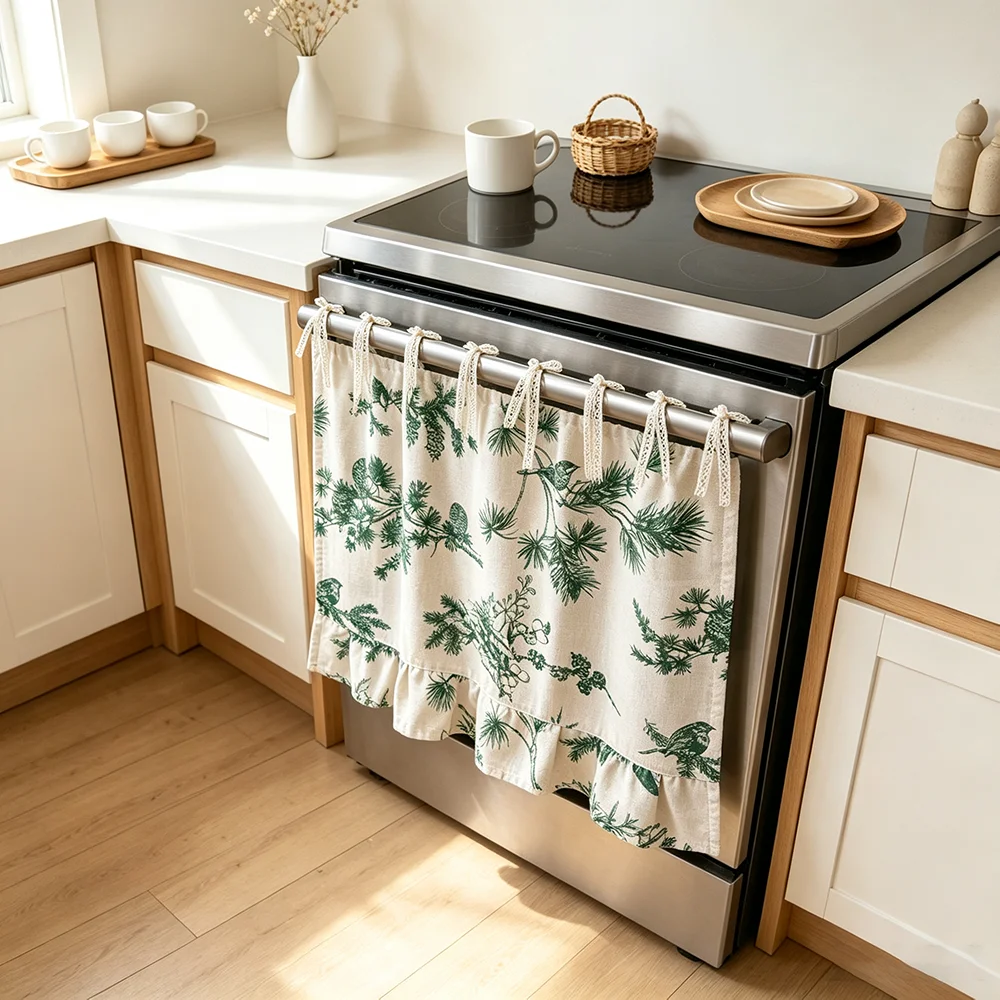 1pc Kitchen Appliance Curtain Breathable Print Lace Tie Home Kitchen Decor Dishwasher Refrigerator Boho Cottage Decor Curtain