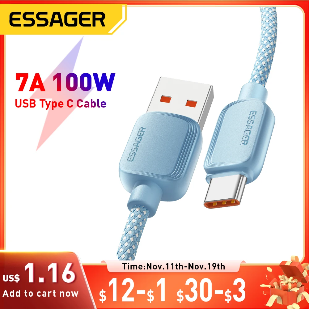 Essager 7A 100W USB Type C Cable For Huawei Honor 88W PD Fast Charging Charger USB A Data Cord Cable For Xiaomi Oneplus Samsung