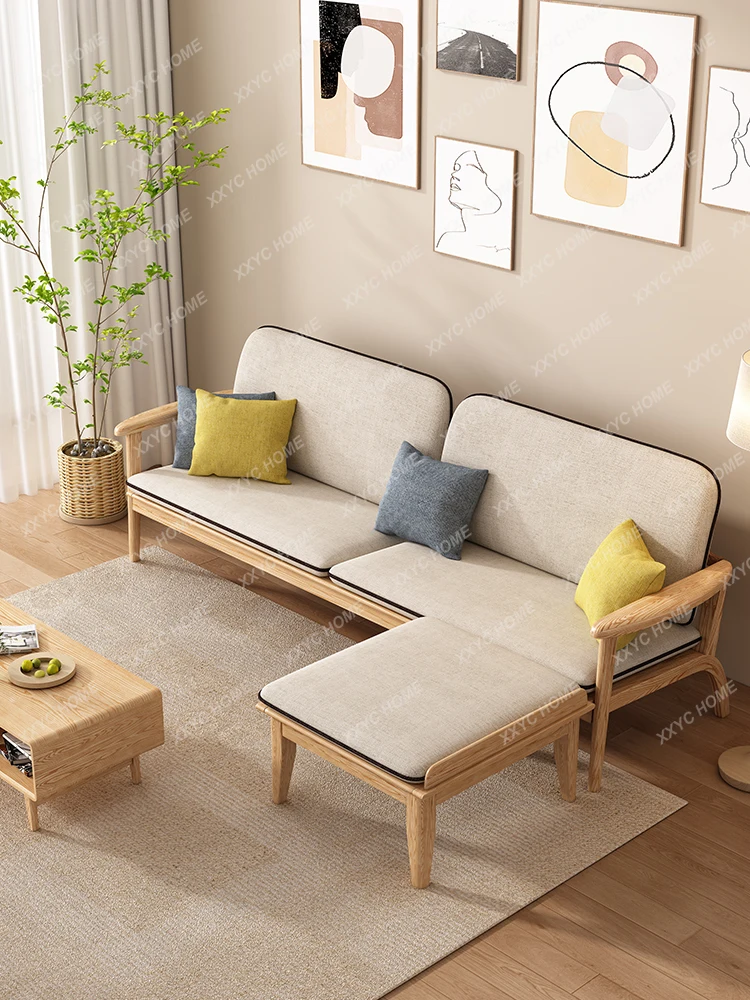 Solid Wood Sofa Winter and Summer Dual-Use Three-Seat Japanese Style Log Style Breathable Cotton Linen Living Room Sofa