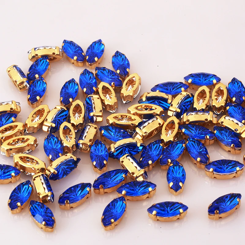 RESEN 7x15mm 50pcs Sew On Horse Eye Rhinestone Laser Color Crystal Stone Gold Brass Claw Navette Stone for DIY Sewing Dress Trim