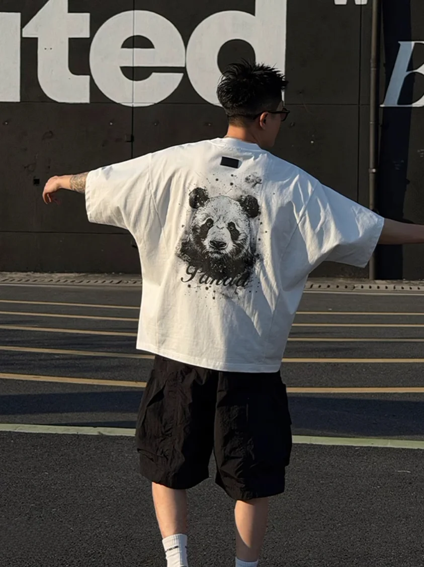 Loose Casual Men's T-shirt Batwing Sleeve Panda Print Fashionable Versatile Summer Top Breathable Cotton Blend Short Sleeve