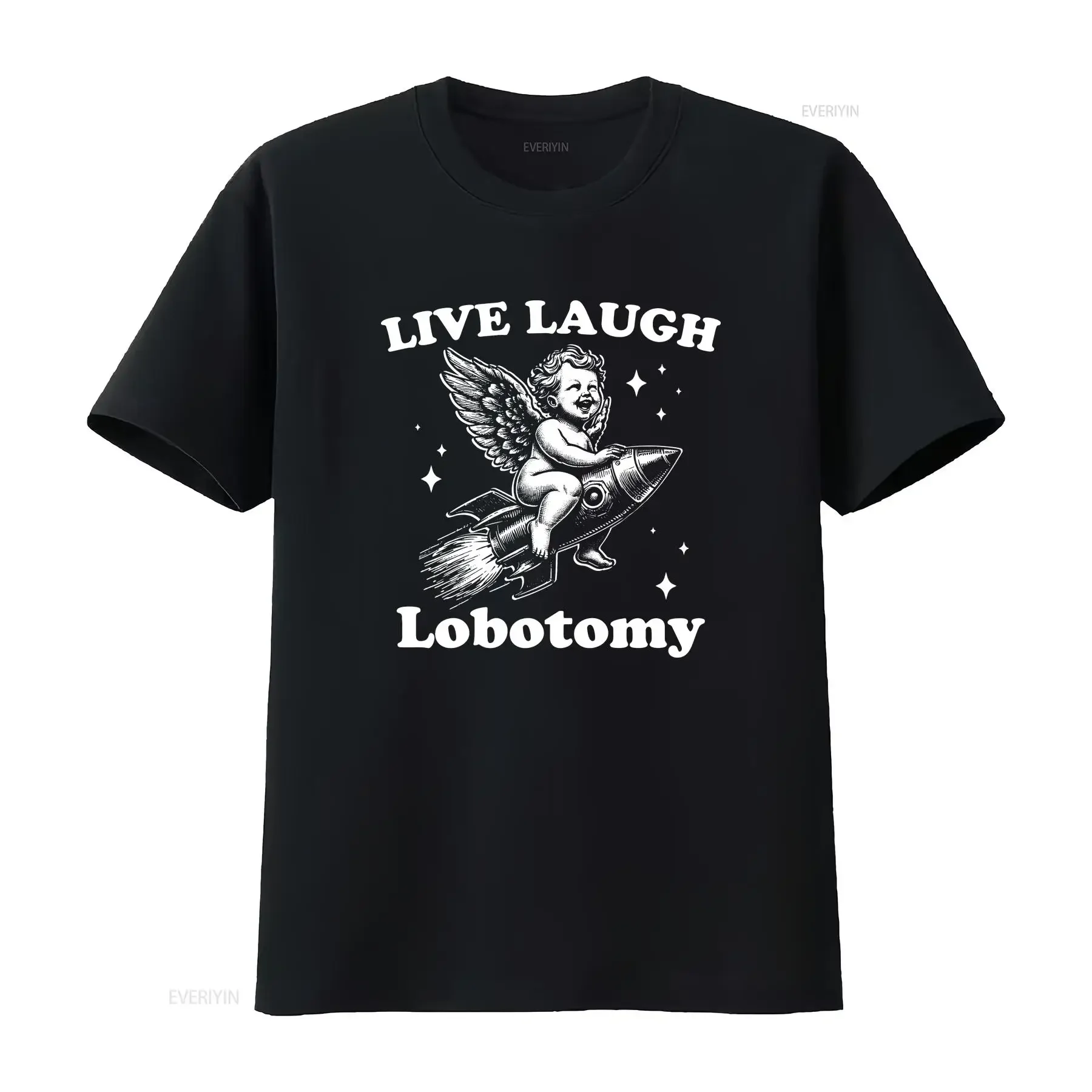 Live Laugh Lobotomy Angel Riding Rocket Mental Health Cotton T Shirt vintage Washed Versatile graphic Slightly Soft Comfortable