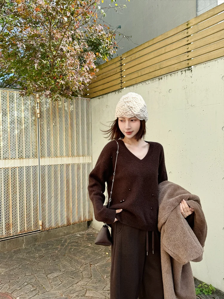 

Вязаный свитер ручной работы из кашемира с V-образным вырезом, женский, осенне-зимний, теплый, мягкий, с длинными рукавами, украшенный бисером, повседневный