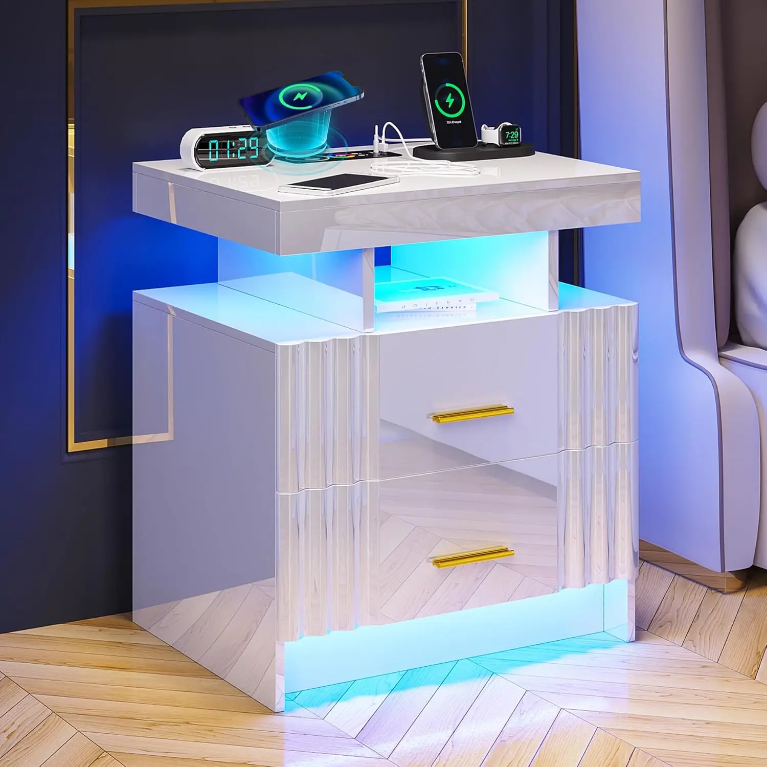 

Stand with 2 Drawers, High Gloss Bedside Table with Auto Sensor 24-Color Lights/Wireless/Type-C/USB Charging for Bedroom