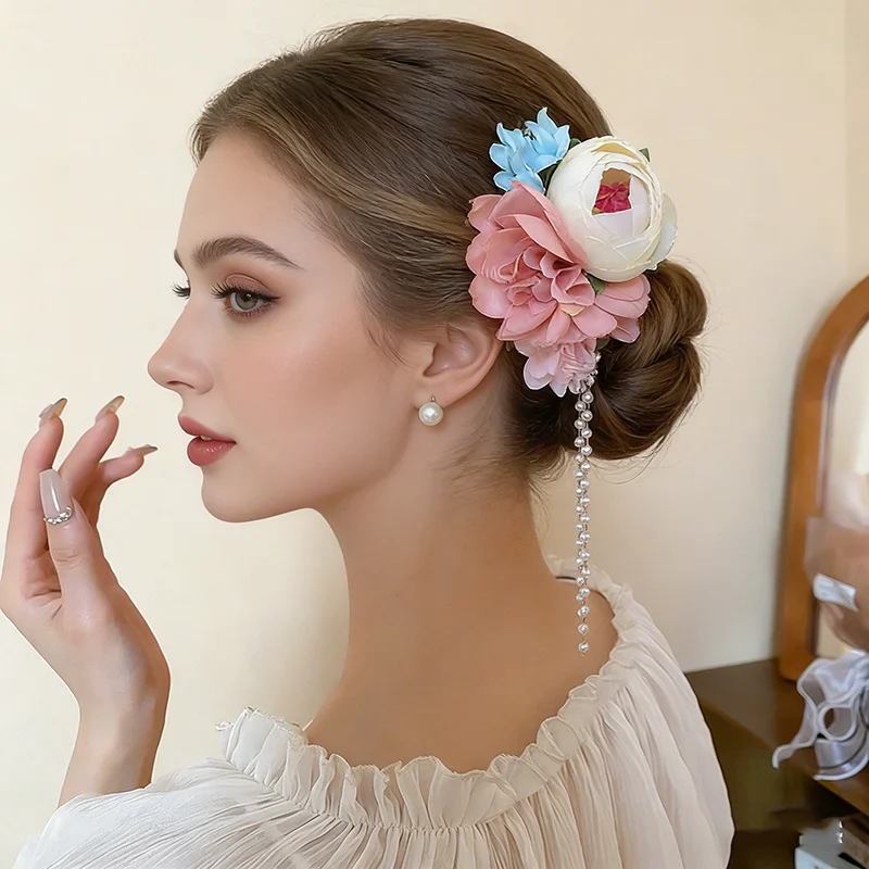 

Заколки для волос в стиле бохо с тканевыми цветами, аксессуары для волос для невесты и подружек невесты, длинные заколки-шпильки с имитацией жемчуга и бахромой для вечеринок и свадеб, модель A