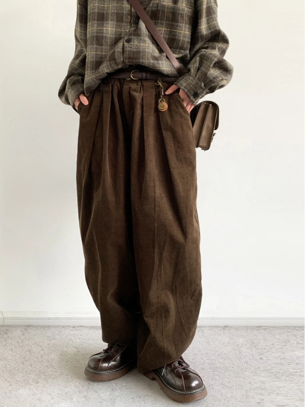 Retro Corduroy Drapey Casual Pants Men Women Neutral Coffee Color Wide Leg Workwear Long Pants Autumn Winter Japanese Style