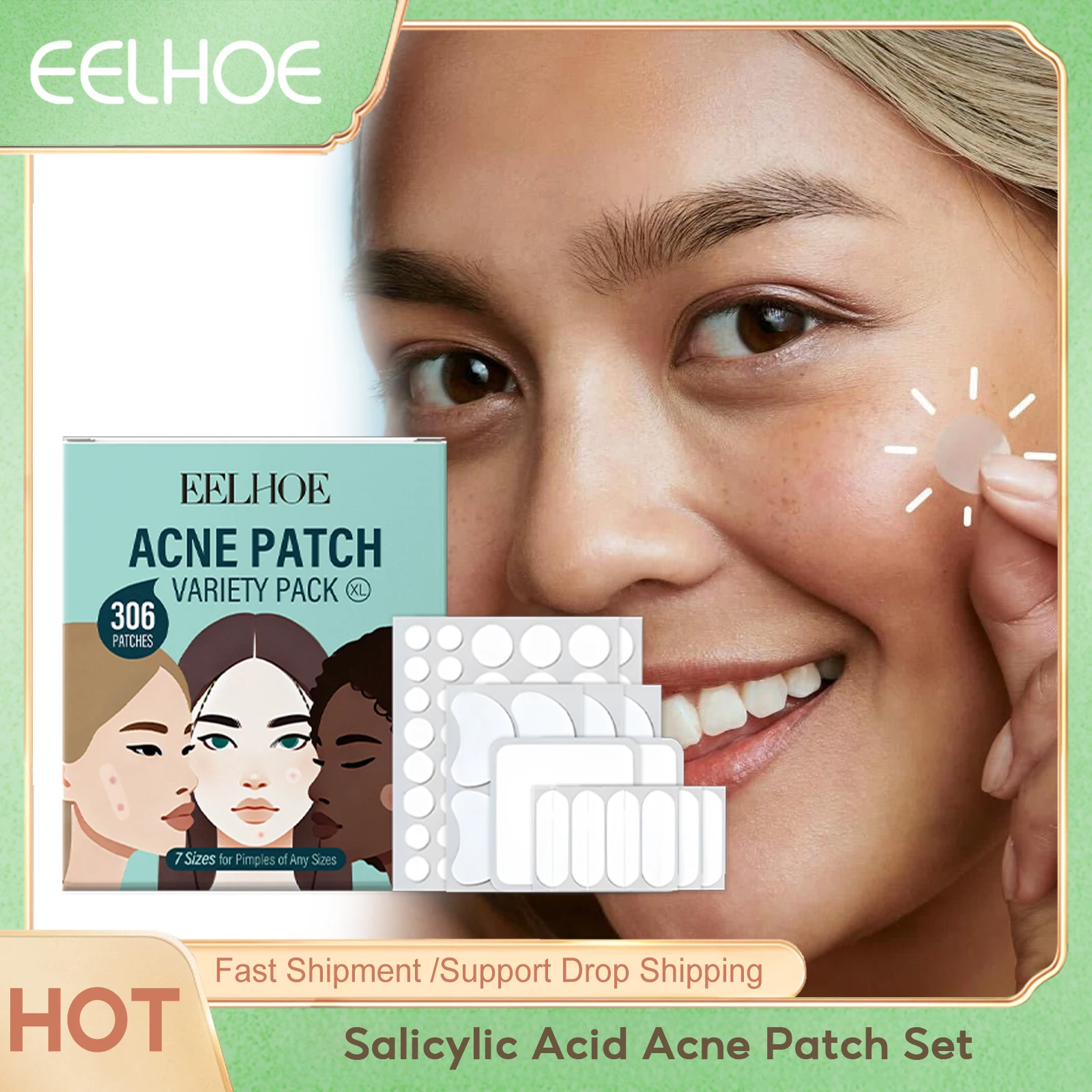 

Eelhoe набор патчей от прыщей с салициловой кислотой, ремонт поврежденных, не раздражающих, водонепроницаемый инструмент для макияжа, невидимые наклейки для ухода за прыщами, 306 шт.