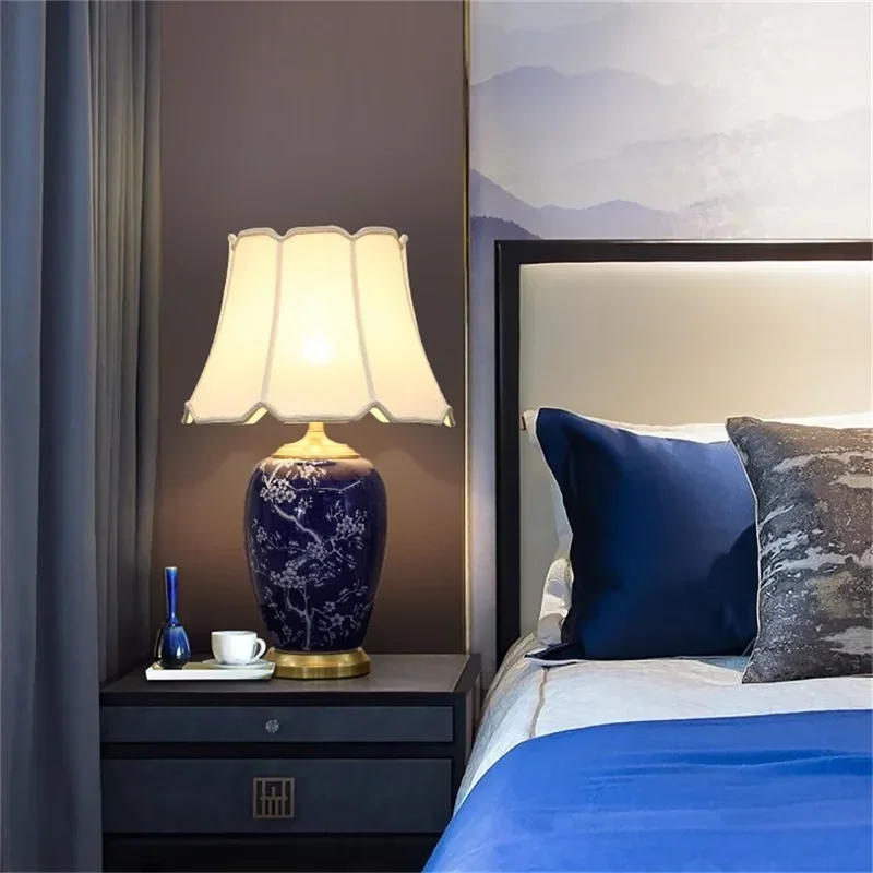 CEDRIC – lampe de Table en céramique bleue, en laiton, moderne, en tissu de luxe, luminaire décoratif d'intérieur, idéal pour un salon, une salle à manger ou une chambre à coucher