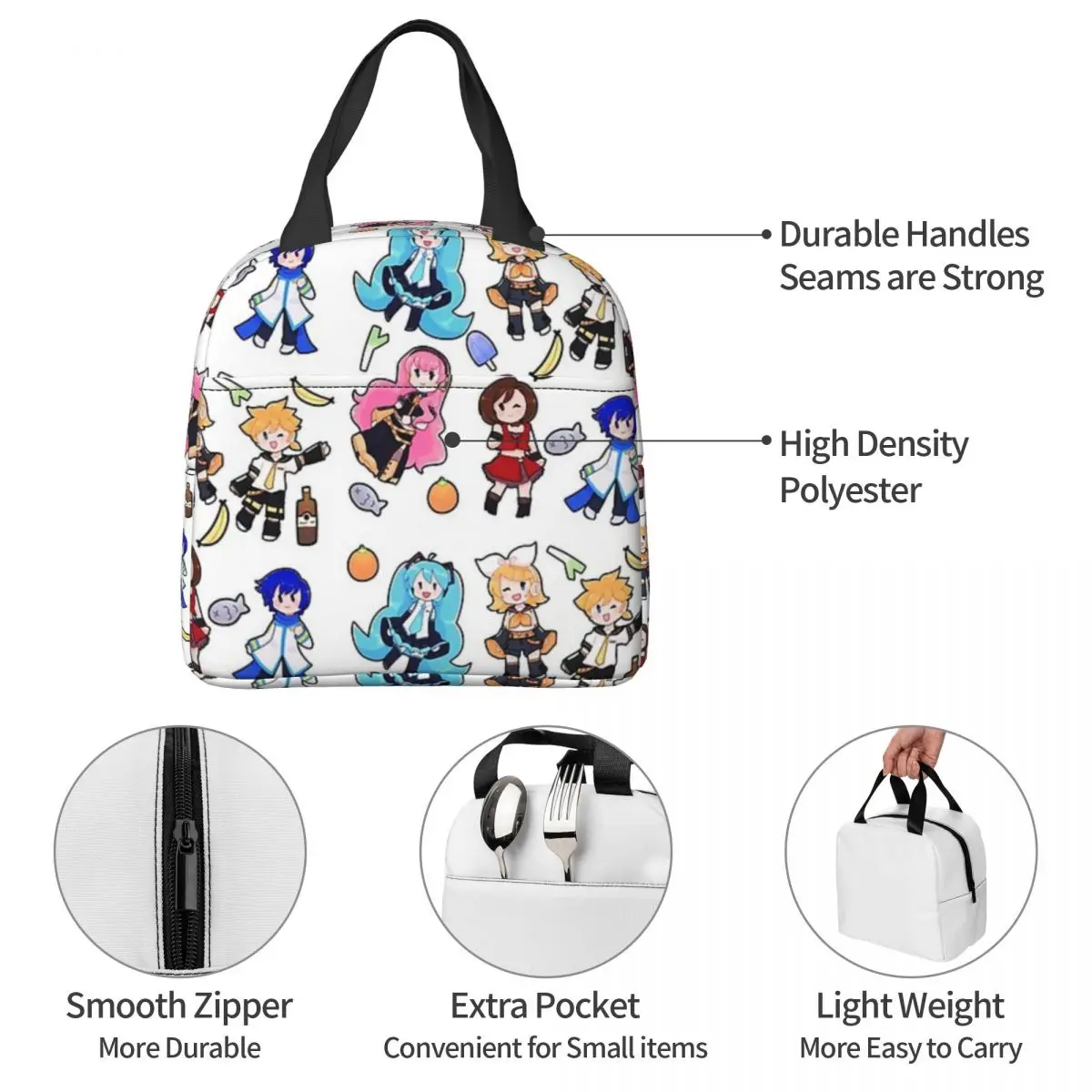 Vocaloid Chibi Chaos! Lunch Bags Insulated Bento Box Waterproof Lunch Tote Picnic Bags Cooler Thermal Bag for Woman Student