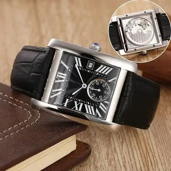 Mens Automatic Mechanical Watch Stainless Steel Black Leather Watch Sapphire White Diamonds Bezel