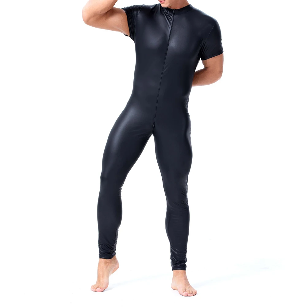 メンズセクシーなレザータイトシームレスボディスーツオープンクロッチパフォーマンスコスチューム半袖パンツ弾性通気性ランジェリー