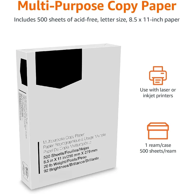 

Многофункциональная бумага для копировального принтера, 8,5 x 11 дюймов, 20 фунтов, 1 шт., (500 листов), 92 яркости, белая
