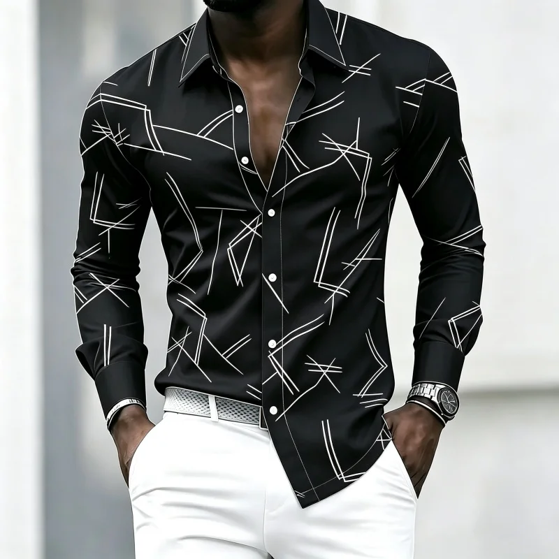 2026 New Men's Collar Shirt, Simple Abstract Frayed Line Print, Suitable for Everyday Wear, Parties, Outings, and Vacations