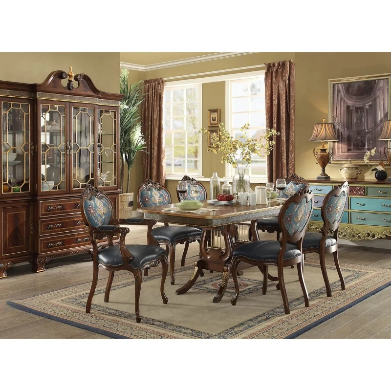 

Design Luxury Restaurant Furniture Top Wooden Dining Table 6 Seats Restaurant Set Leather Chair Classic Style