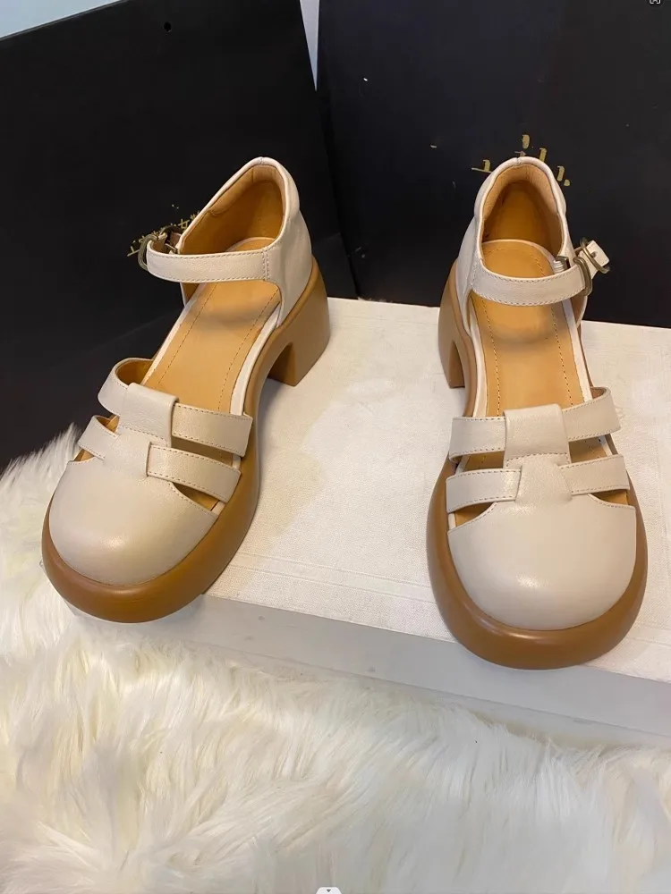 Womens Sandals Summer Shoes Daily Genuine Leather Handmade Round Toe Sweet Solid Color Chunky Heel Hot Sale Sexy Fashion