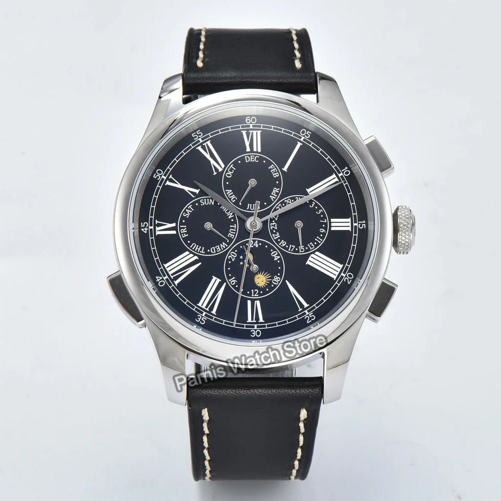 Parnis 45 mm witte wijzerplaat blauwe markeringen herenhorloge automatische mechanische kalender lederen bandhorloges
